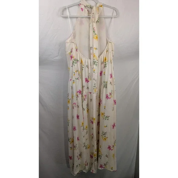 Floral Tiered Halter Maxi Dress Size XXL Pink Cream Pockets Boho Romantic Lined - Picture 7 of 11